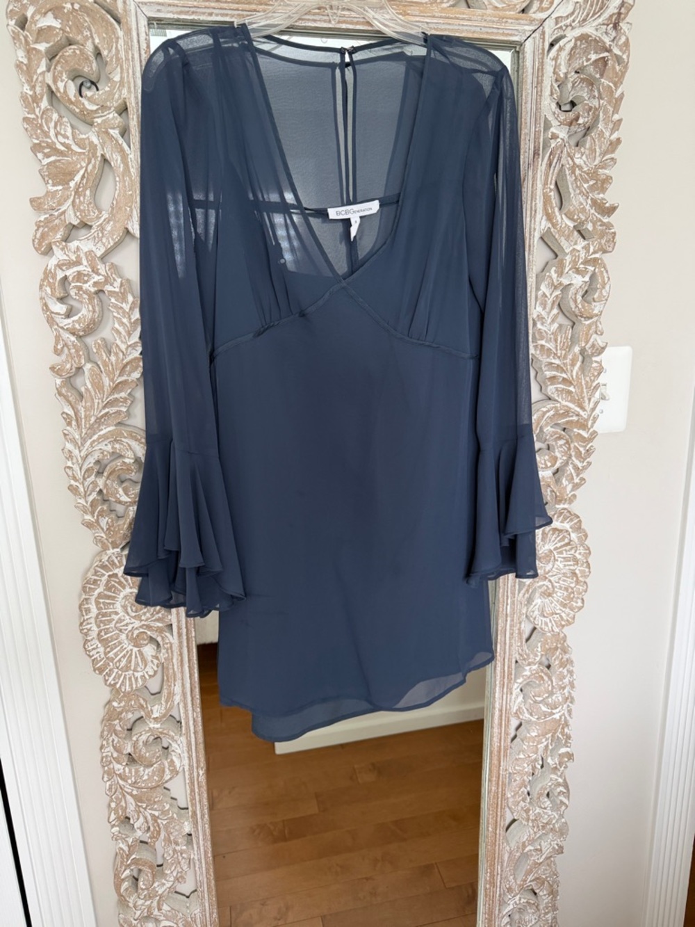 BCBGMaxAzria Navy Ruffle Sleeve Chiffon Dress